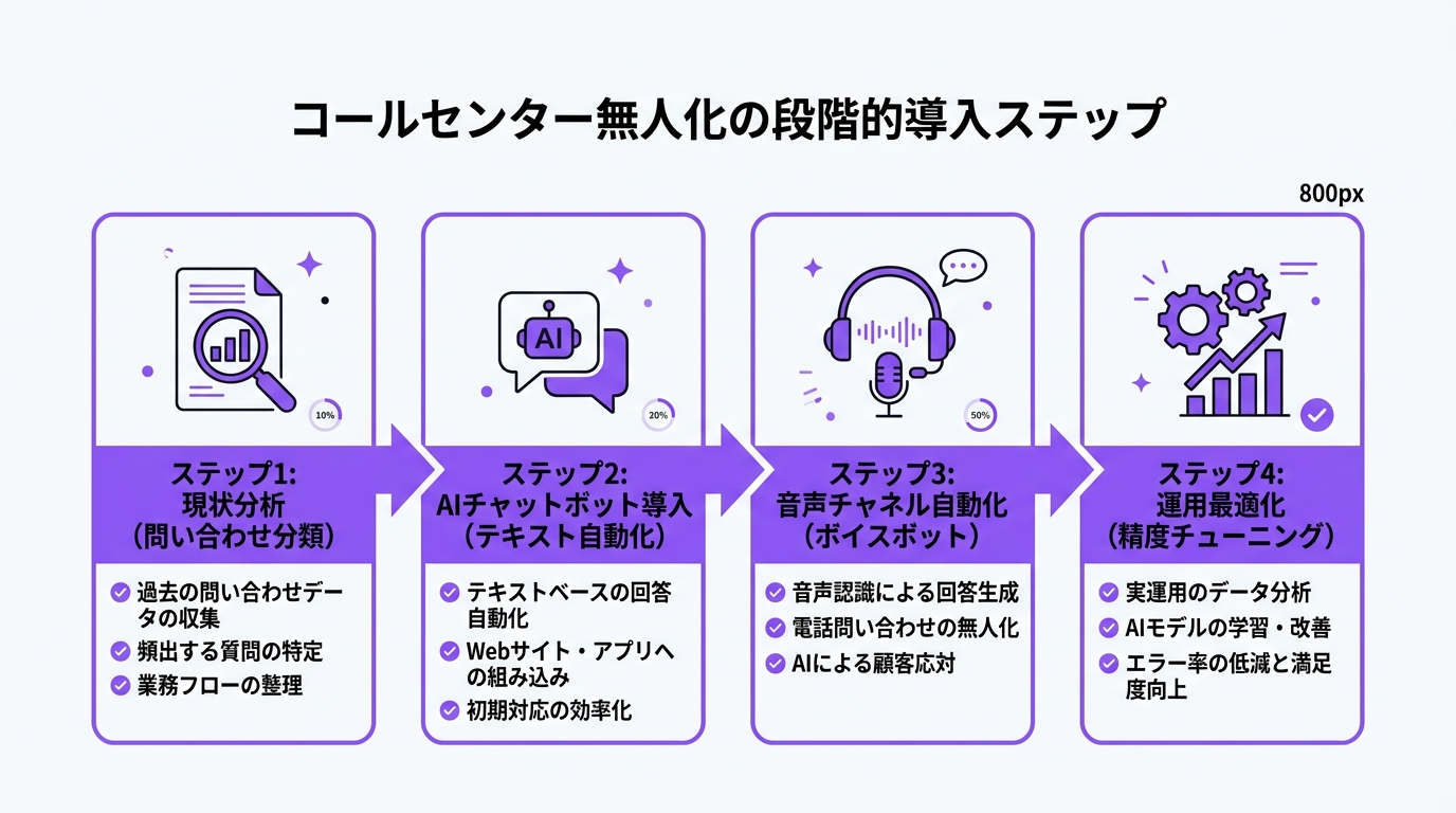 無人化の段階的導入ステップ図｜コールセンター自動化ロードマップ