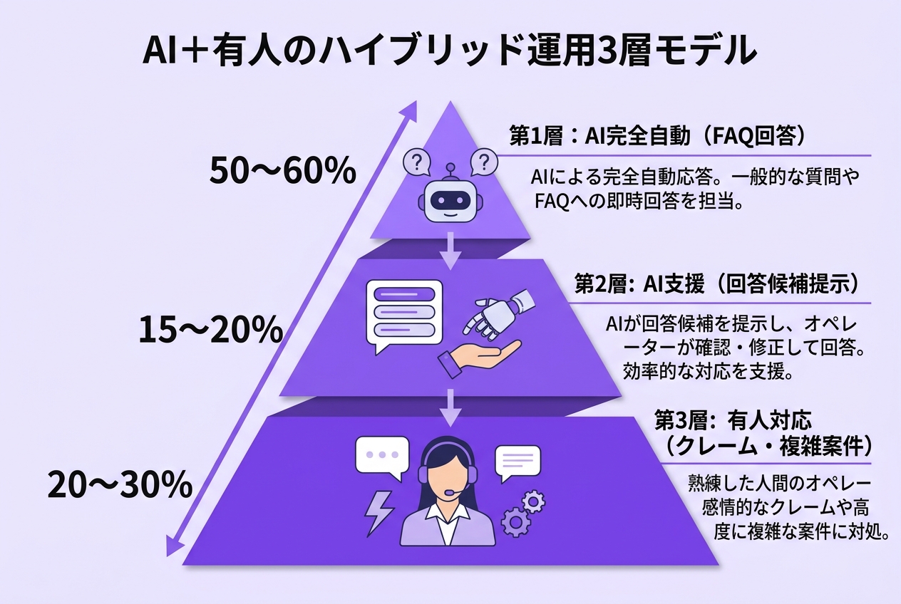AI+有人の3層ハイブリッドモデル図|顧客対応自動化の構造