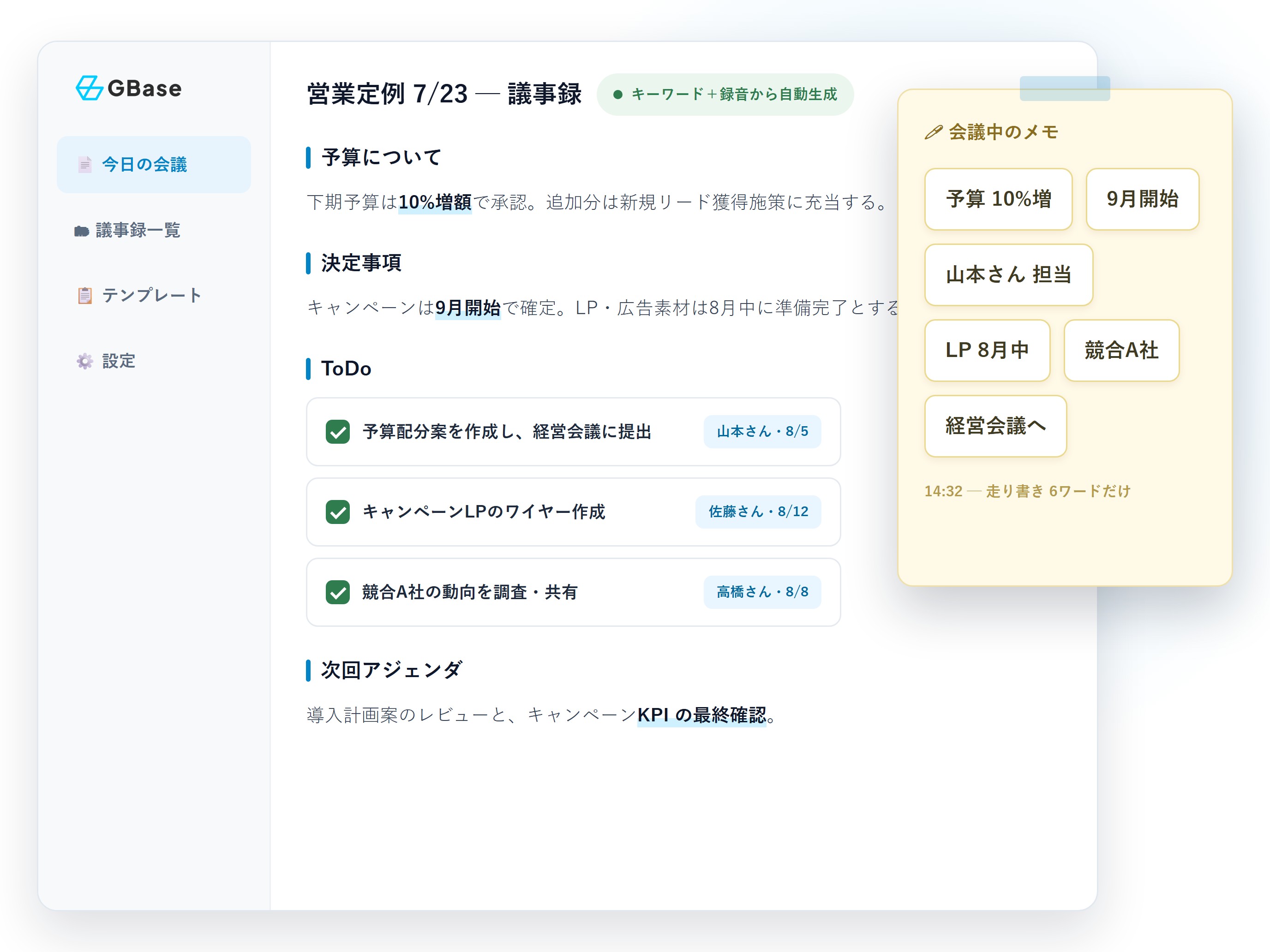 会議中のキーワードメモを、AIが転写の文脈と照合して完全な記録に補完するイメージ